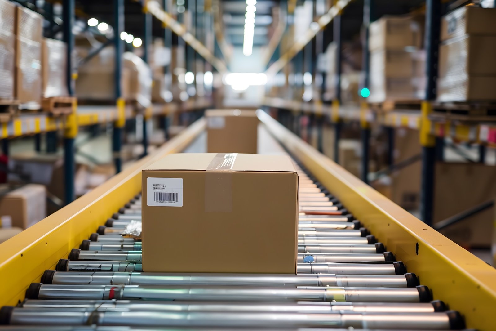 Parcel moving along a conveyor in a modern fulfilment warehouse