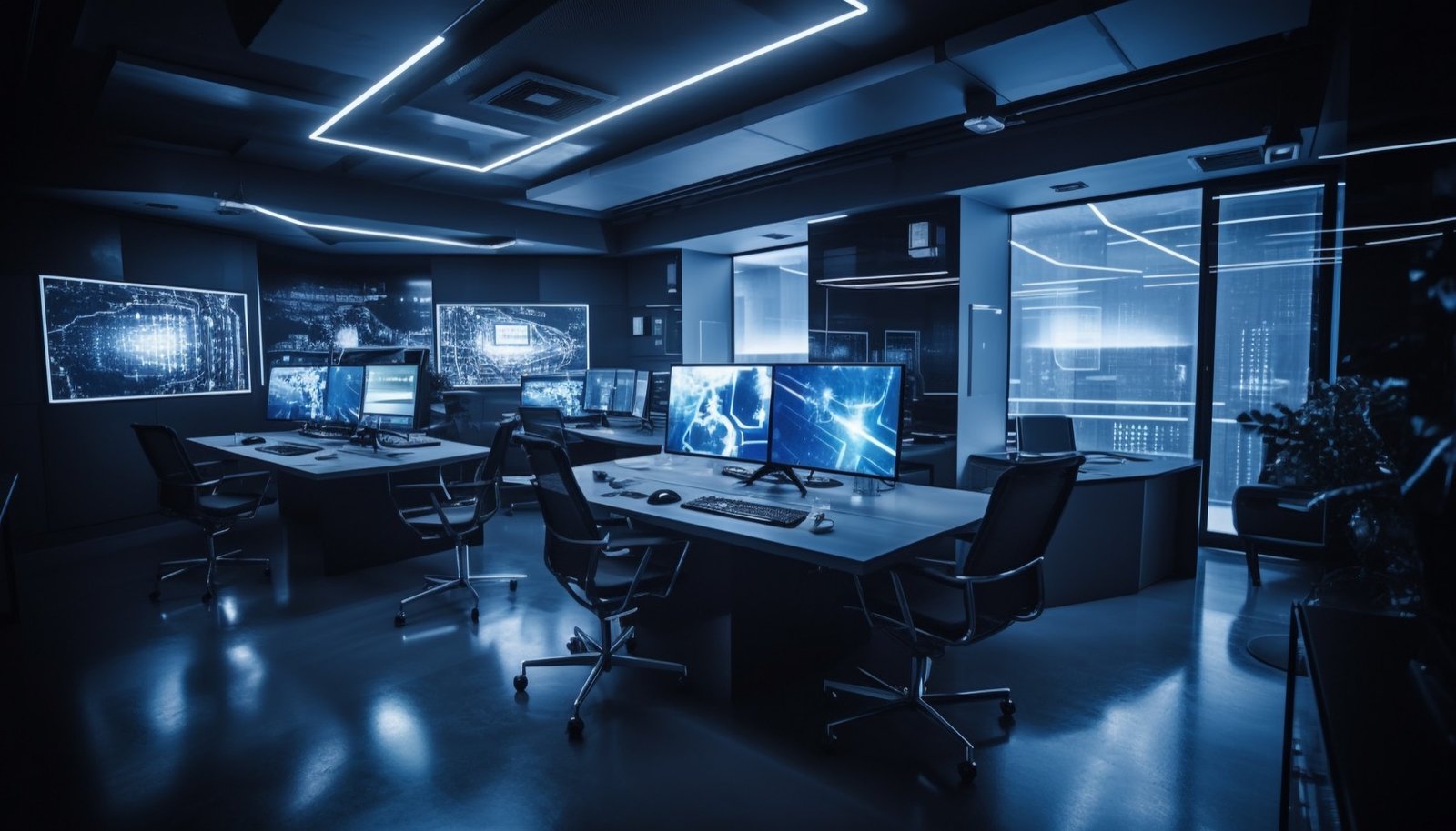 Modern server room with blue lighting and rows of racks