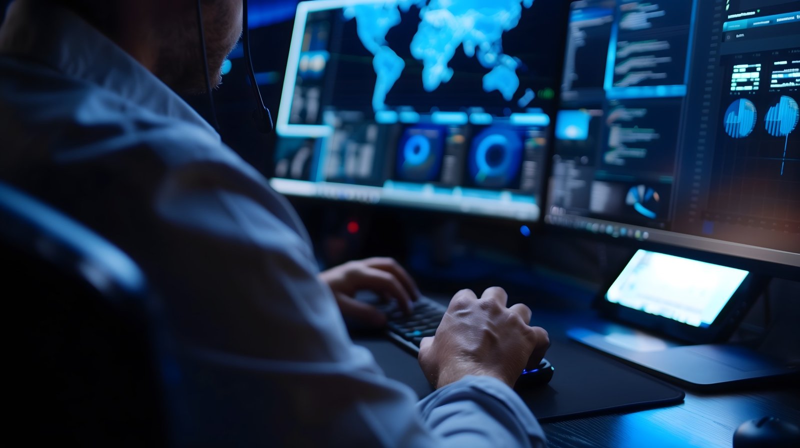 Operations specialist monitoring global system dashboards on multiple screens