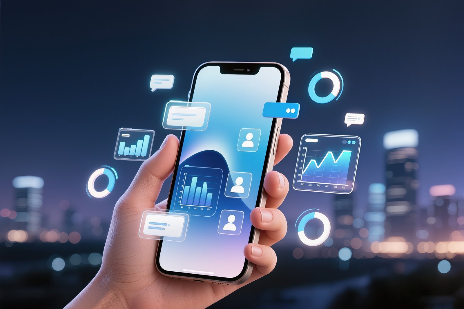 Hand holding a smartphone with app analytics against a night city skyline